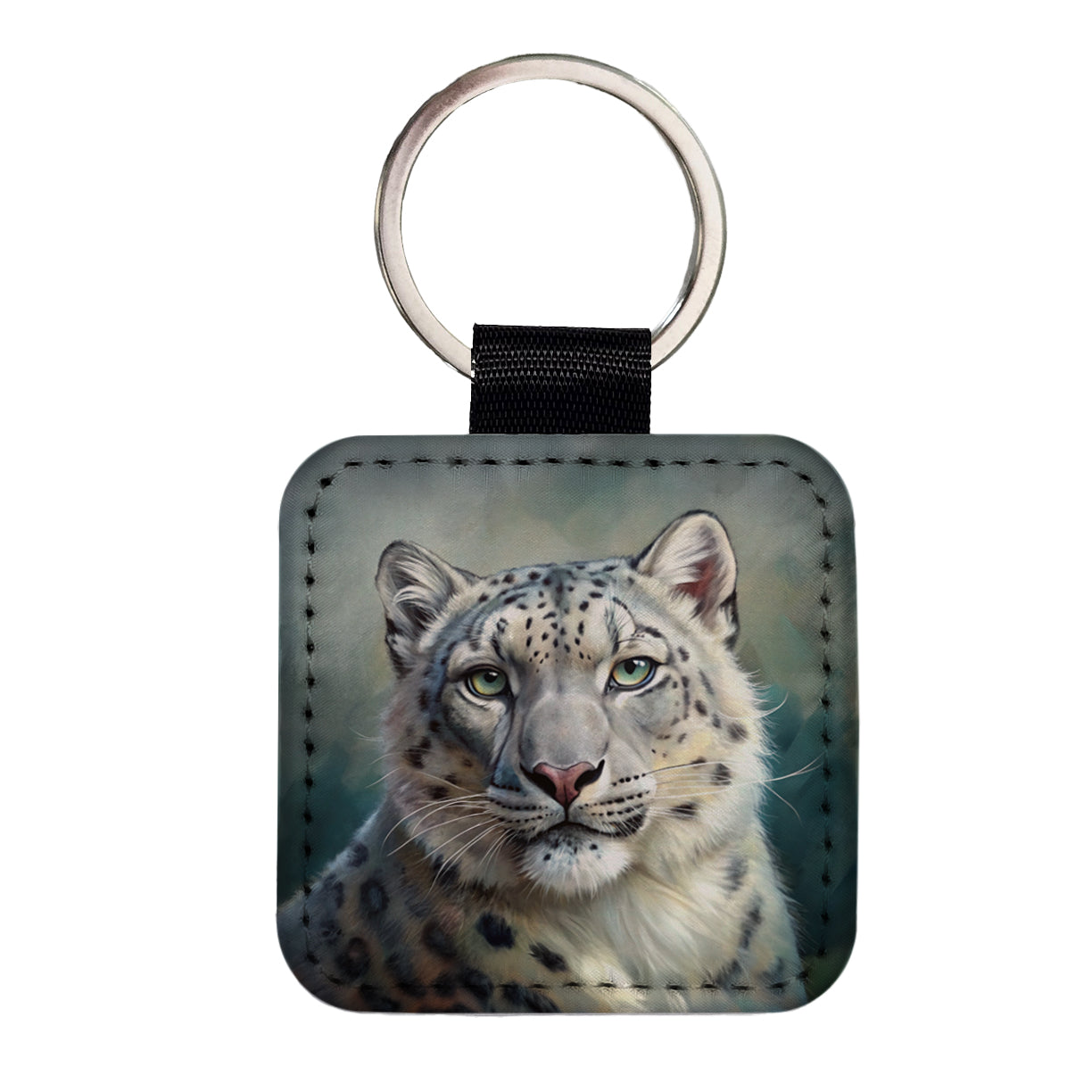 Snow Leopard Illustration Square Faux Leather Keychain