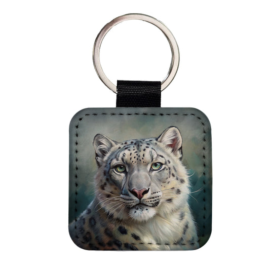 Snow Leopard Illustration Square Faux Leather Keychain