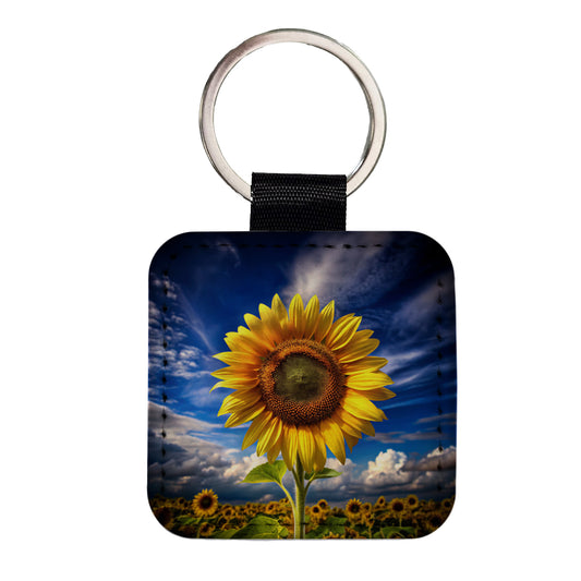 Sunflower Against a Deep Blue Sky Square Faux Leather Keychain