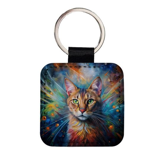 Tabby Cat Abstract Art Color Explosion Square Faux Leather Keychain