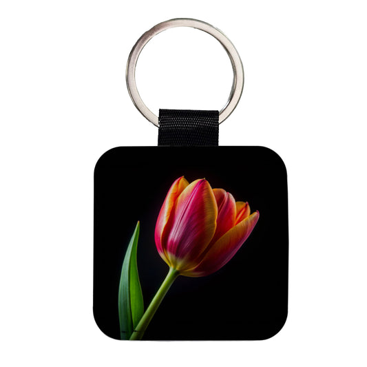 Tulip Flower Photo Square Faux Leather Keychain