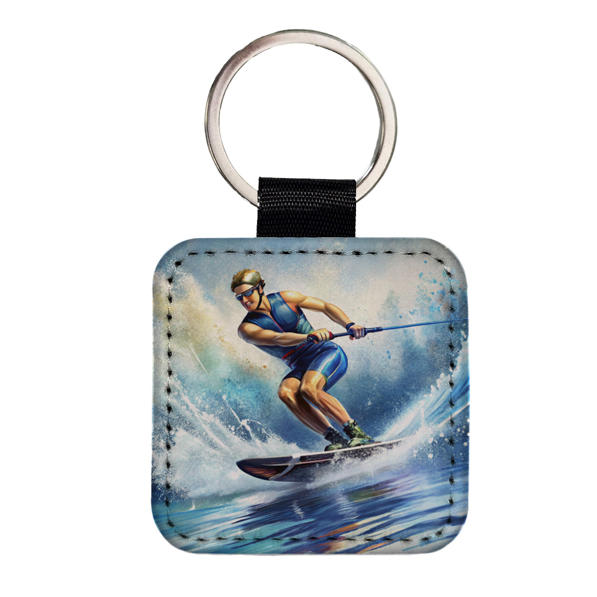 Water Ski Skiing Square Faux Leather Keychain