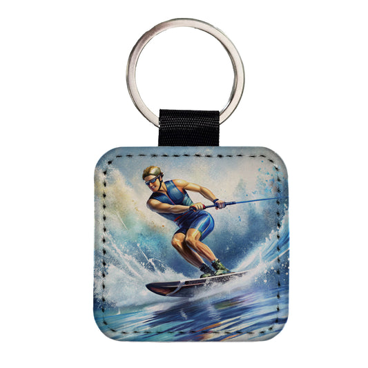 Water Ski Skiing Square Faux Leather Keychain