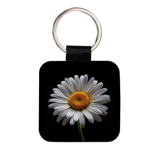 White Daisy Flower Photo Square Faux Leather Keychain