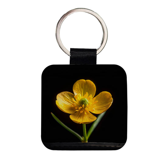 Yellow Buttercup Flower Photo Square Faux Leather Keychain