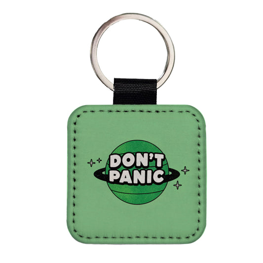 Don't Panic Funny Saying With Planet Square Faux Leather Keychain