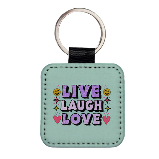Live Laugh Love Funny Faces Hearts Square Faux Leather Keychain