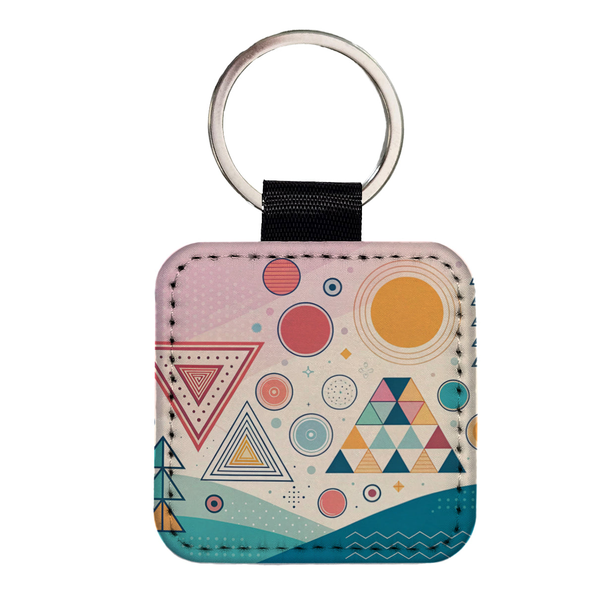 Abstract Geometric Shapes Retro Square Faux Leather Keychain