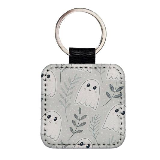 Adorable Ghosts Halloween Square Faux Leather Keychain