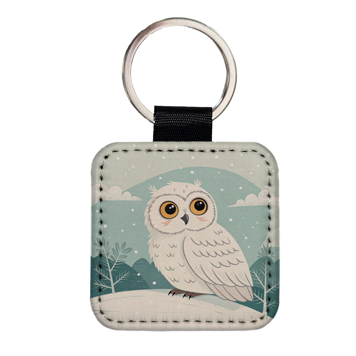 Adorable Snowy Owl Square Faux Leather Keychain