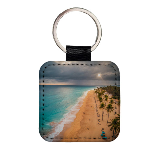 Aerial Beach Ocean Resort Palm Trees Square Faux Leather Keychain