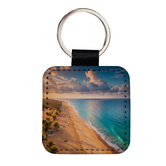 Aerial Beach Ocean View Island Vacation Square Faux Leather Keychain