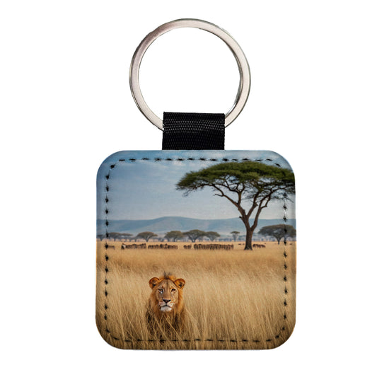 African Safari Lion Square Faux Leather Keychain