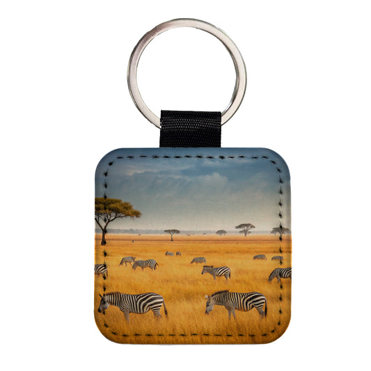 African Safari Zebras Square Faux Leather Keychain