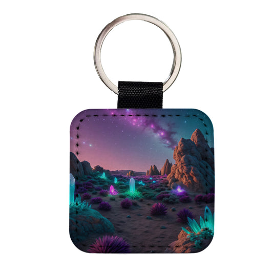 Alien Planet Surface Colorful Square Faux Leather Keychain