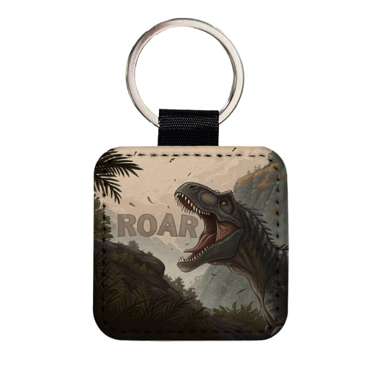 Allosaurus Roar Dinosaur Square Faux Leather Keychain