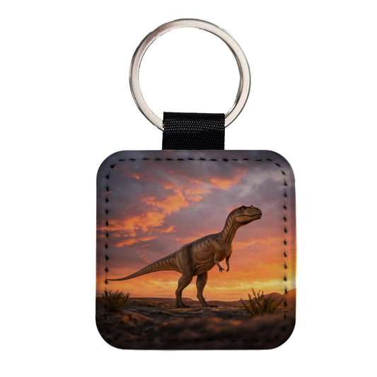 Allosaurus Standing Sunset Dinosaur Square Faux Leather Keychain
