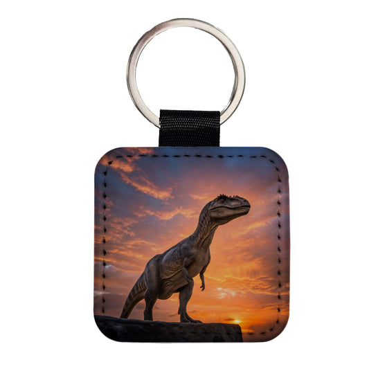 Allosaurus Sunset Dinosaur Square Faux Leather Keychain