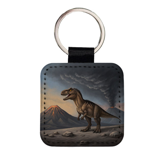 Allosaurus Two Volcanos Dinosaur Square Faux Leather Keychain
