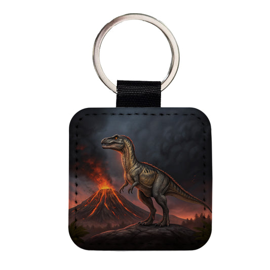 Allosaurus Volcano Dinosaur Square Faux Leather Keychain