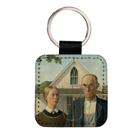 American Gothic Grant Wood Painting Inspired Square Faux Leather Keychain