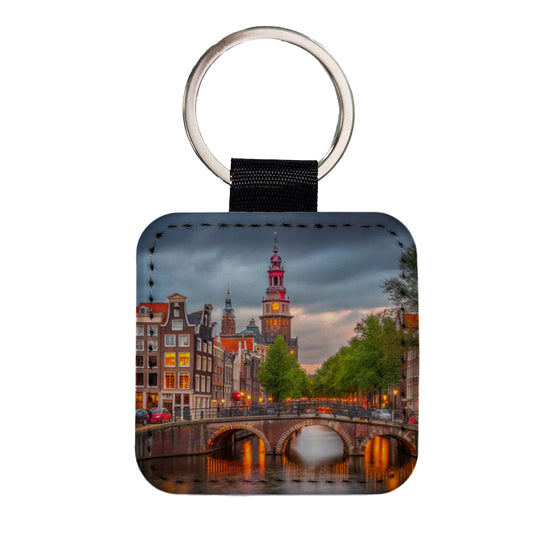 Amsterdam Netherlands At Sunset Square Faux Leather Keychain