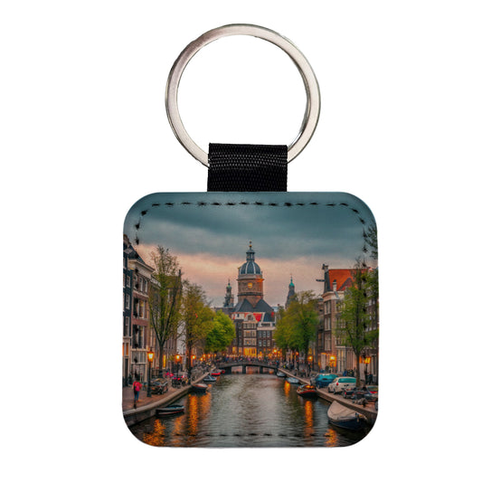 Amsterdam Netherlands Twilight Canals Square Faux Leather Keychain