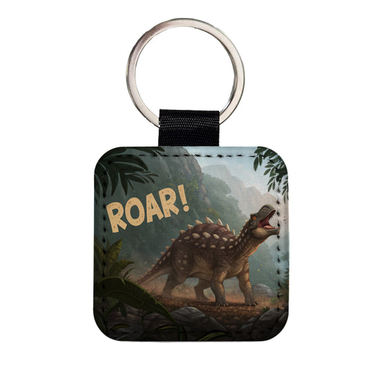 Ankylosaurus Roar Dinosaur Square Faux Leather Keychain