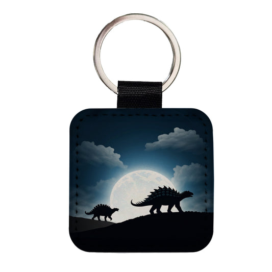 Ankylosaurus Silhouettes Dinosaurs Square Faux Leather Keychain
