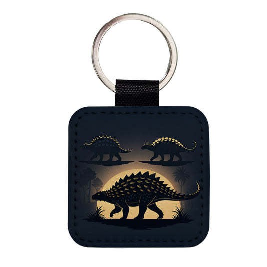 Ankylosaurus Silhouettes Walking Dinosaurs Square Faux Leather Keychain