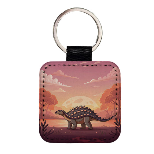Ankylosaurus Sunset Dinosaur Square Faux Leather Keychain