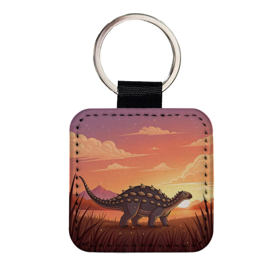 Ankylosaurus Sunset Sunrise Dinosaur Square Faux Leather Keychain