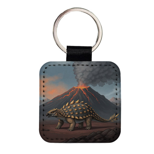Ankylosaurus Volcano Erupting Dinosaur Square Faux Leather Keychain