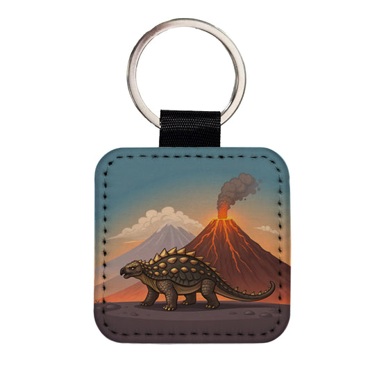 Ankylosaurus Volcanos Dinosaur Square Faux Leather Keychain