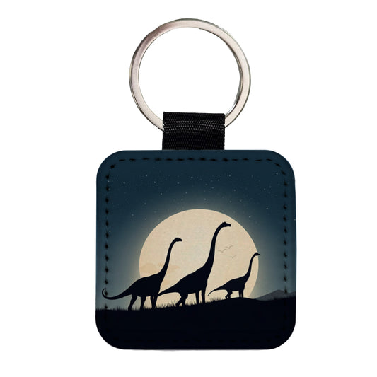 Apatosaurus Silhouettes Moon Night Dinosaurs Square Faux Leather Keychain