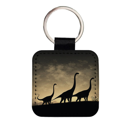 Apatosaurus Silhouettes Walking Dinosaurs Square Faux Leather Keychain