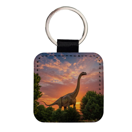Apatosaurus Sunset Dinosaur Square Faux Leather Keychain