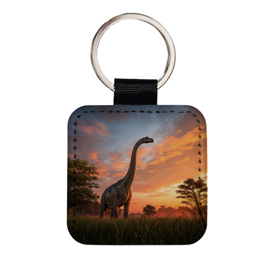 Apatosaurus Sunset Sunrise Dinosaur Square Faux Leather Keychain