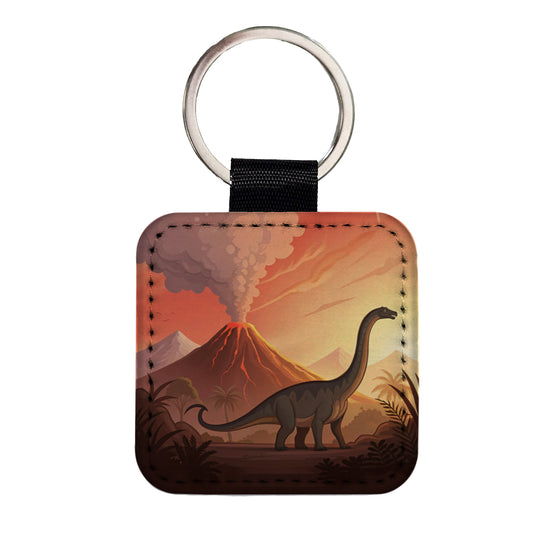 Apatosaurus Volcano Square Faux Leather Keychain