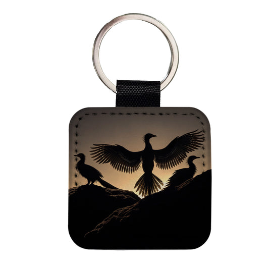 Archaeopteryx Silhouettes Dinosaurs Square Faux Leather Keychain
