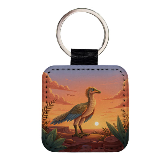 Archaeopteryx Standing Sunset Dinosaur Square Faux Leather Keychain