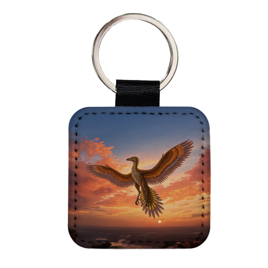 Archaeopteryx Sunset Dinosaur Square Faux Leather Keychain