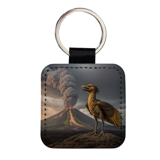Archaeopteryx Volcano Dinosaur Square Faux Leather Keychain