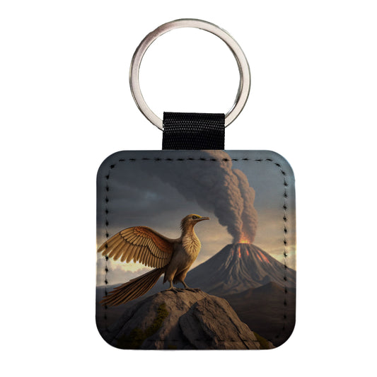 Archaeopteryx Volcano Erupting Dinosaur Square Faux Leather Keychain