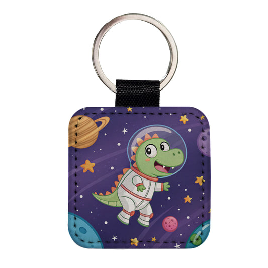 Astronaut Dinosaur Floating Outer Space Planets Square Faux Leather Keychain