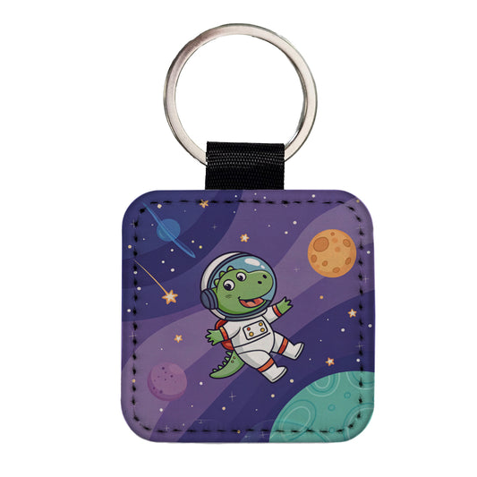 Astronaut Dinosaur In Space Suit Planets Square Faux Leather Keychain