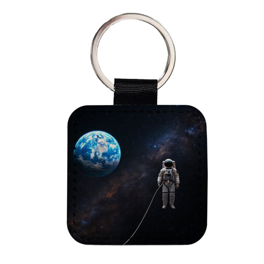 Astronaut Drifting In Space Earth Square Faux Leather Keychain