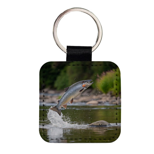 Atlantic Salmon Fish Jumping Fishing River Square Faux Leather Keychain