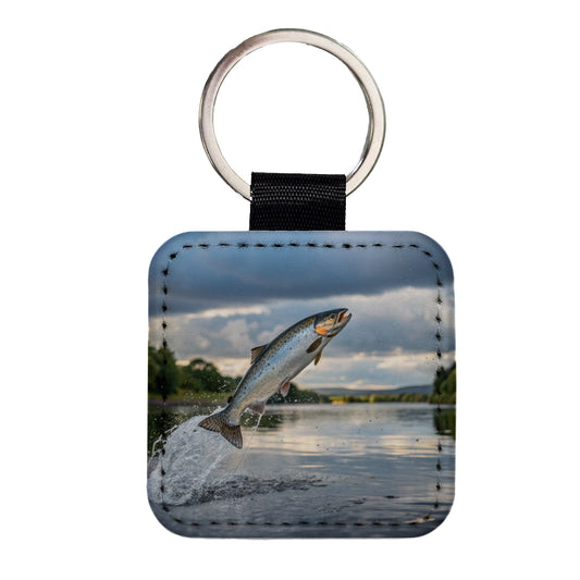 Atlantic Salmon Fish Jumping Fishing Square Faux Leather Keychain