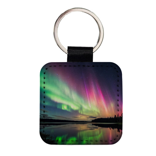 Aurora Borealis Northern Lights Over Lake Square Faux Leather Keychain